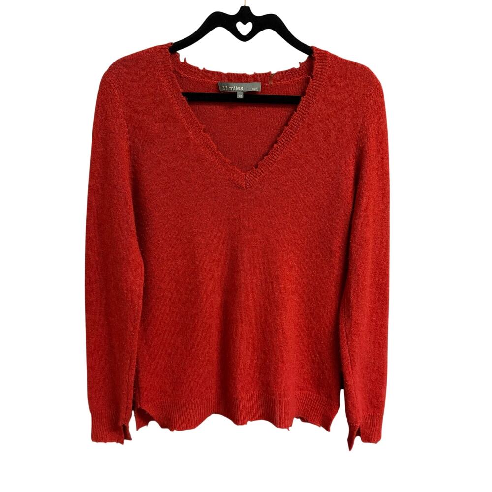 27 Miles Malibu Pure Cashmere Distressed V Neck Sweater Red Womens XS